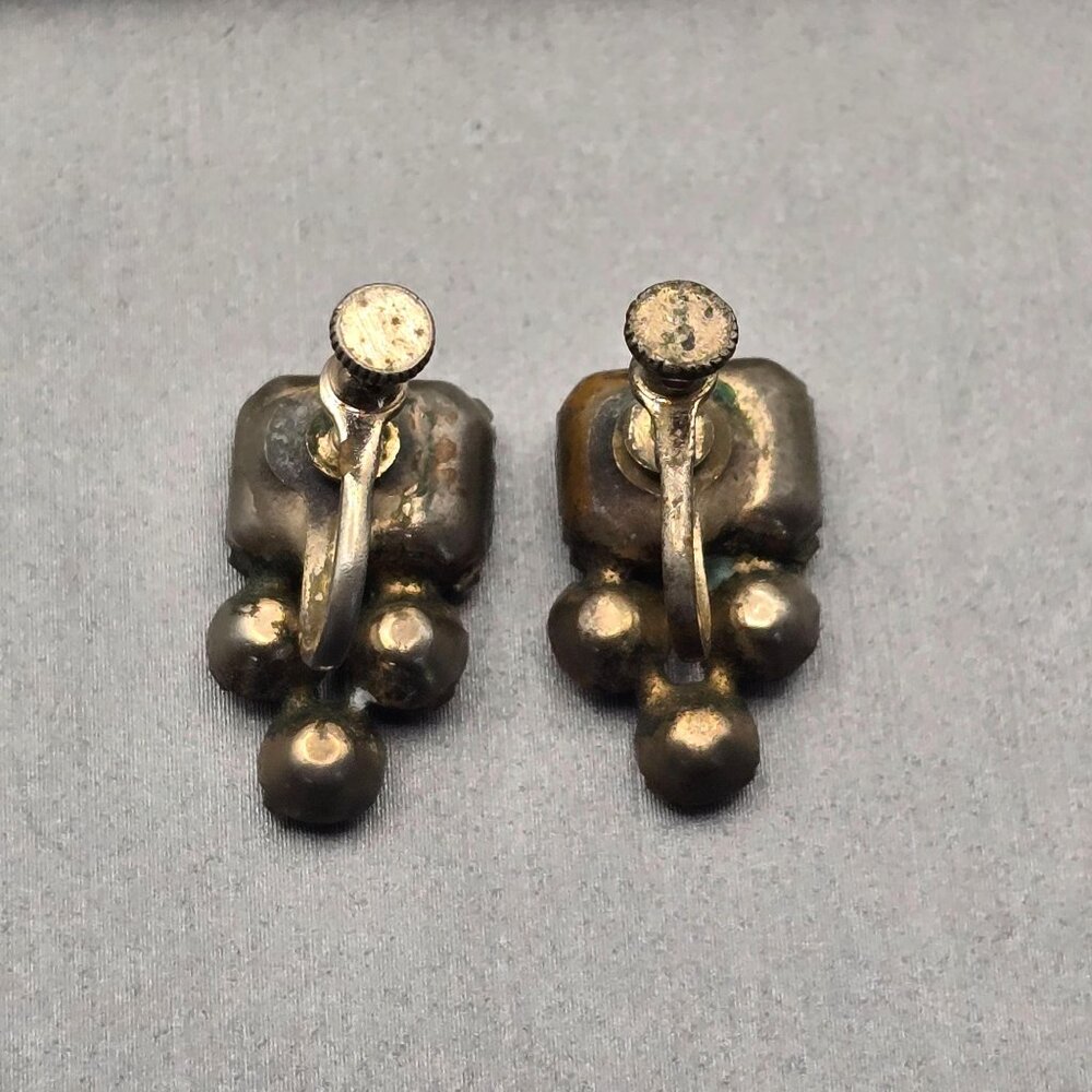 Vintage Aquamarine & Clear Paste Earrings | Screw-Back Glam Statement Jewelry - Picture 4 of 11